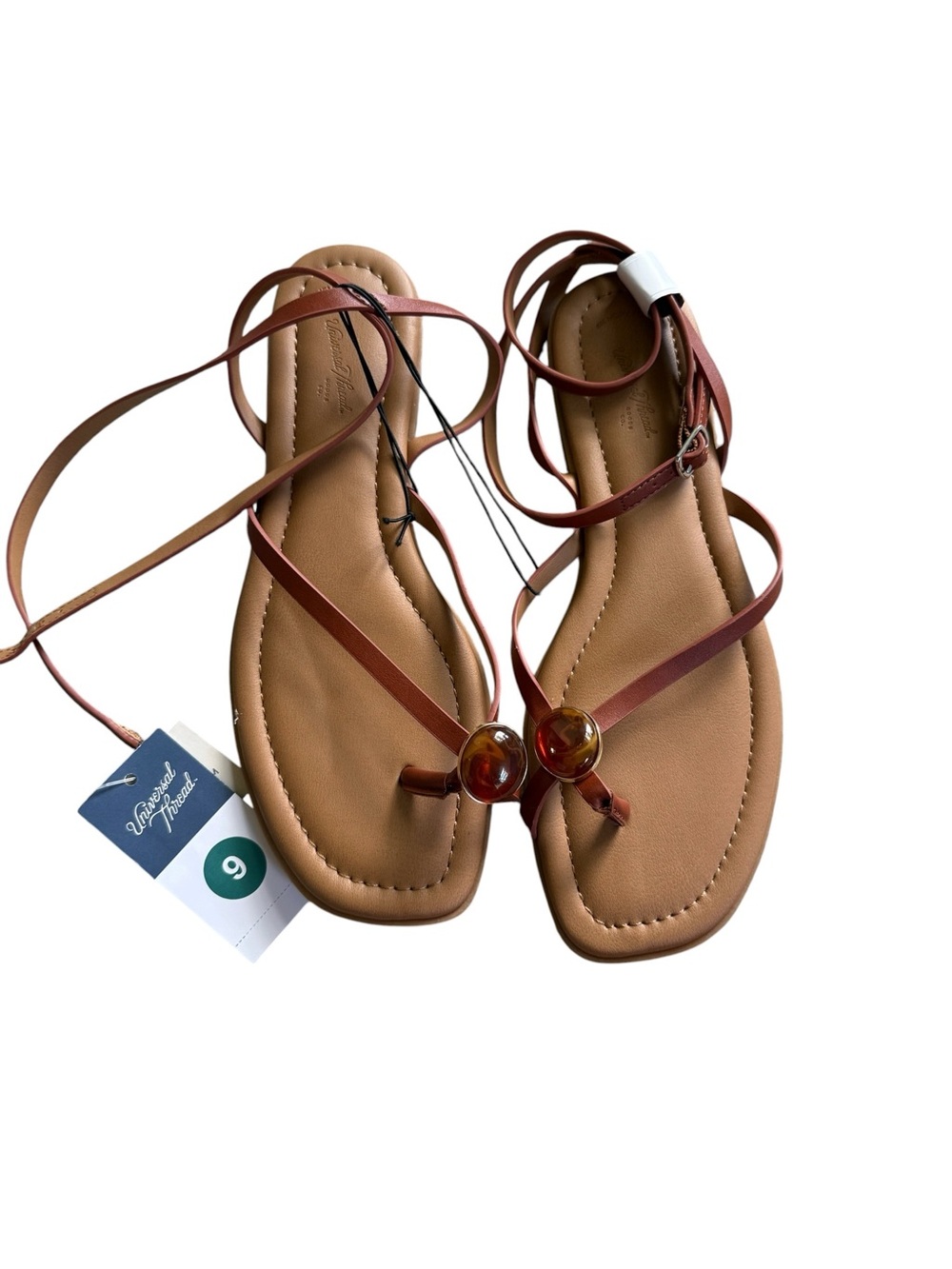 Universal Thread Brown Lace-Up Toe-Ring Sandals with Amber Accent